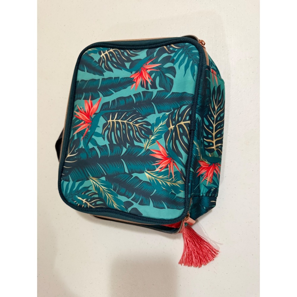 Dirty Works Tropical Leaf Print Makeup Bag Teal Coral Tassel Travel Case